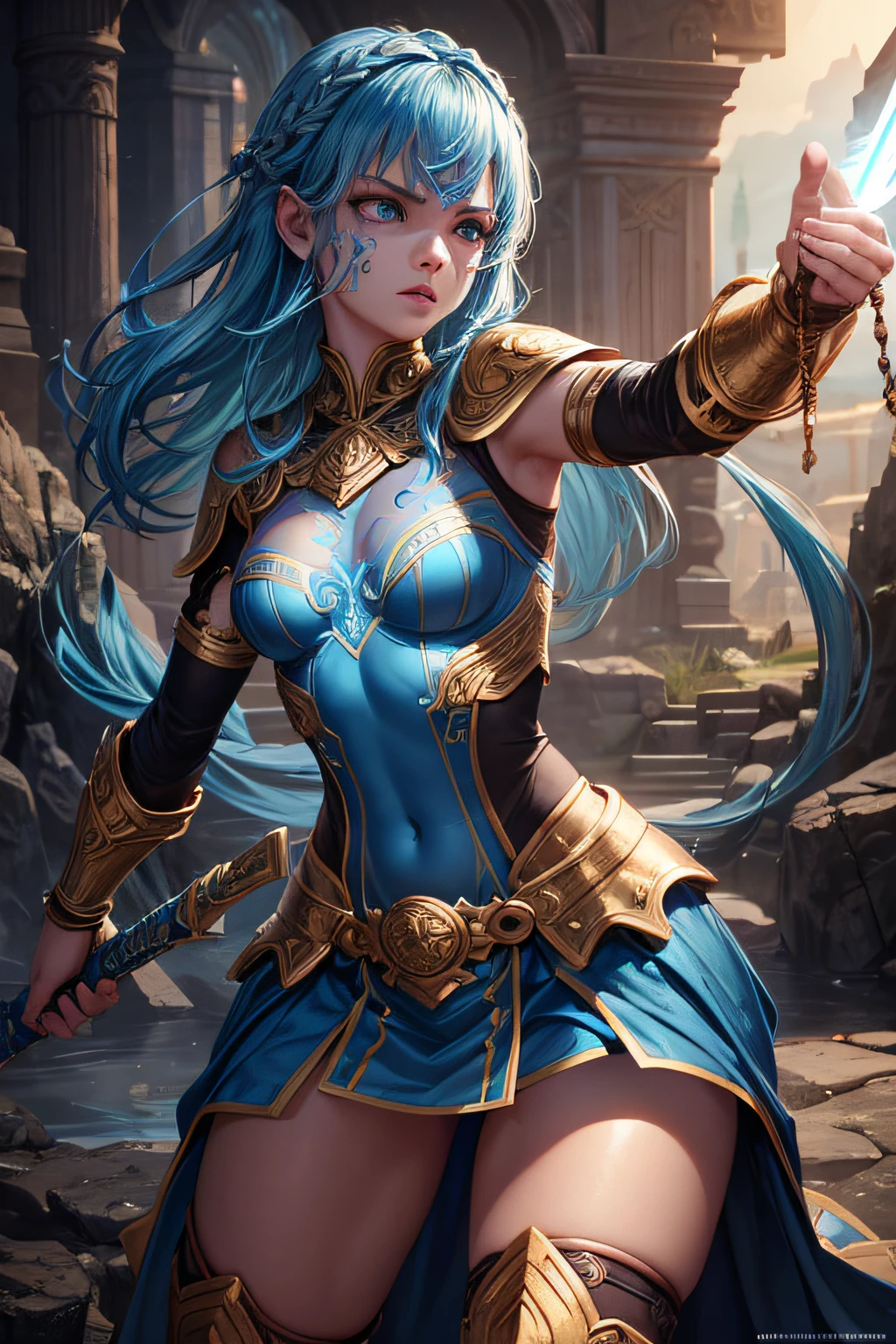 young atlantian teen girl, ancient atlantian warrior, evil look,,combat stance, wielding a short sword, blue facepaint, blue bodypaint, sexi, small breasts, ancient atlantian dress and armor, bright blue hair, dark tanned skin, bright blue eyes, oceanic town in background, highly detailed, vibrant appearance, creative behavior, extremly detailed, imaginative, sensual, spontaneous, highest quality, skin texture, intricate details, (cinematic lighting), RAW photo, 8k, masterpiece,best quality,ultra-detailed,very detailed illustrations,extremely detailed,intricate details,highres,super complex details,extremely detailed 8k cg wallpaper,