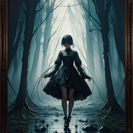 1girl, ghost,  (transparent legs, ghostly legs), wraith, floating, standing, Emma Watson, gothic horror, tattered ghostly clothes, full body, trapped in a haunted oil painting, painting frame, hyperrealism, ghostly, trapped, (scared, panicked horrified), peter mohrbacher, pierre terblanche, trending on artstation, ghostdarksouls
