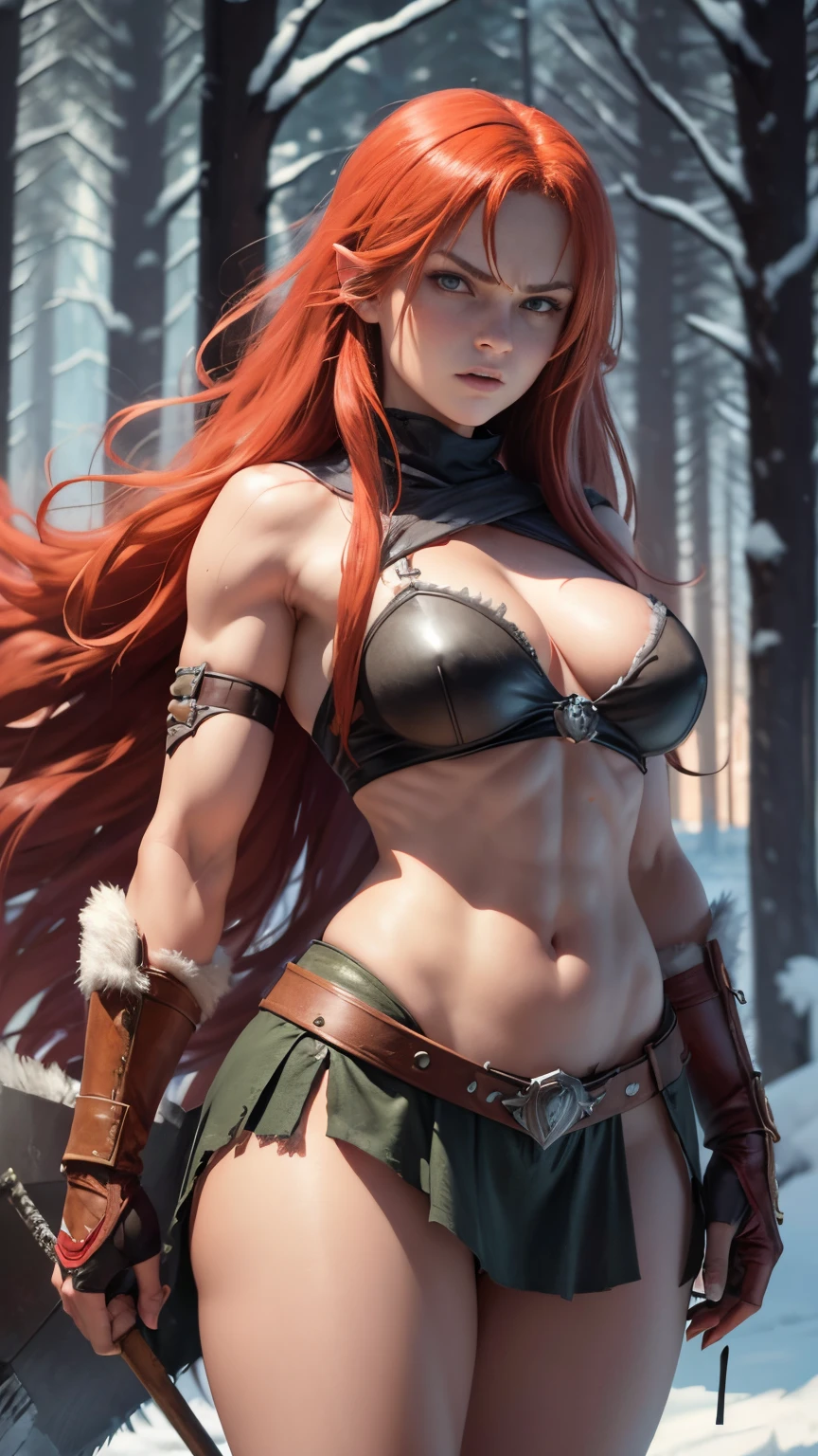 1girl, long hair, gloves, holding, weapon, comic, red hair, young , showing teeth, angry expression, fingerless gloves, torn clothes, 4K, 8k, breasts, slim waist, tall, long legs, tiara, angry, axe, holding axe, curvy muscular body, strong woman, red sonja style, snowy forest, orcs army attacking