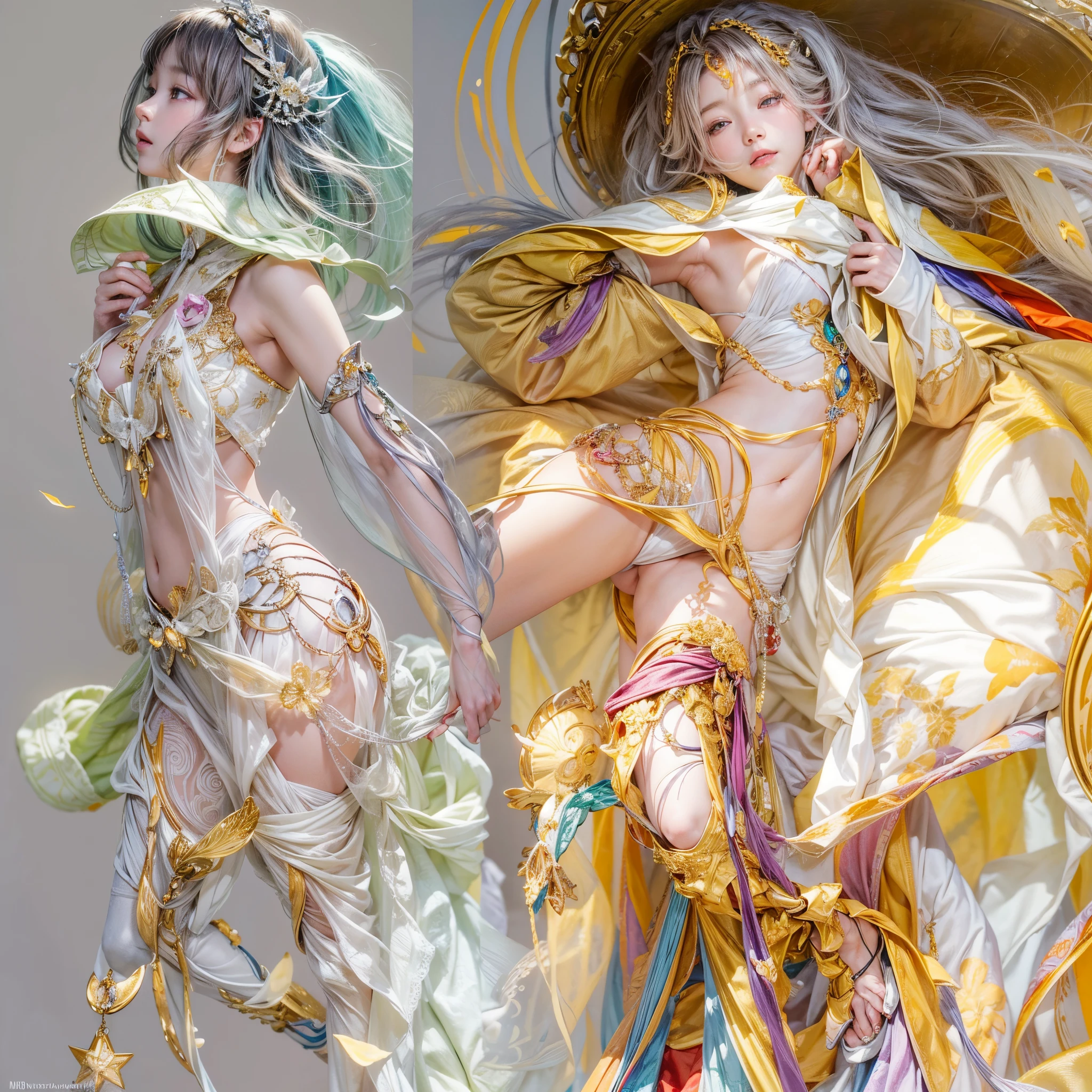 ( Masterpiece, White and vivid colors, (Exposed:1.2), (nipple:-0.9)(Acutance:0.9)), (((Renbutsu Misako|Misako Renbustu))), ((face variations)), { Navel | pretty Ass }, portrayed in the best quality and high resolution. The image should be ultra-detailed, realistic, and photorealistic with a touch of rawness. concept art. The color tone should be vibrant and vivid, enhancing the overall visual impact. (Whole Body proportions and all limbs are anatomically accurate), (Vivid Colorful light shines through the delicate stained glass). delicate limbs, Detail of sparkling oiled ivory skin, (short Bob, delicate wear), Whole Body proportions and all limbs are anatomically accurate .