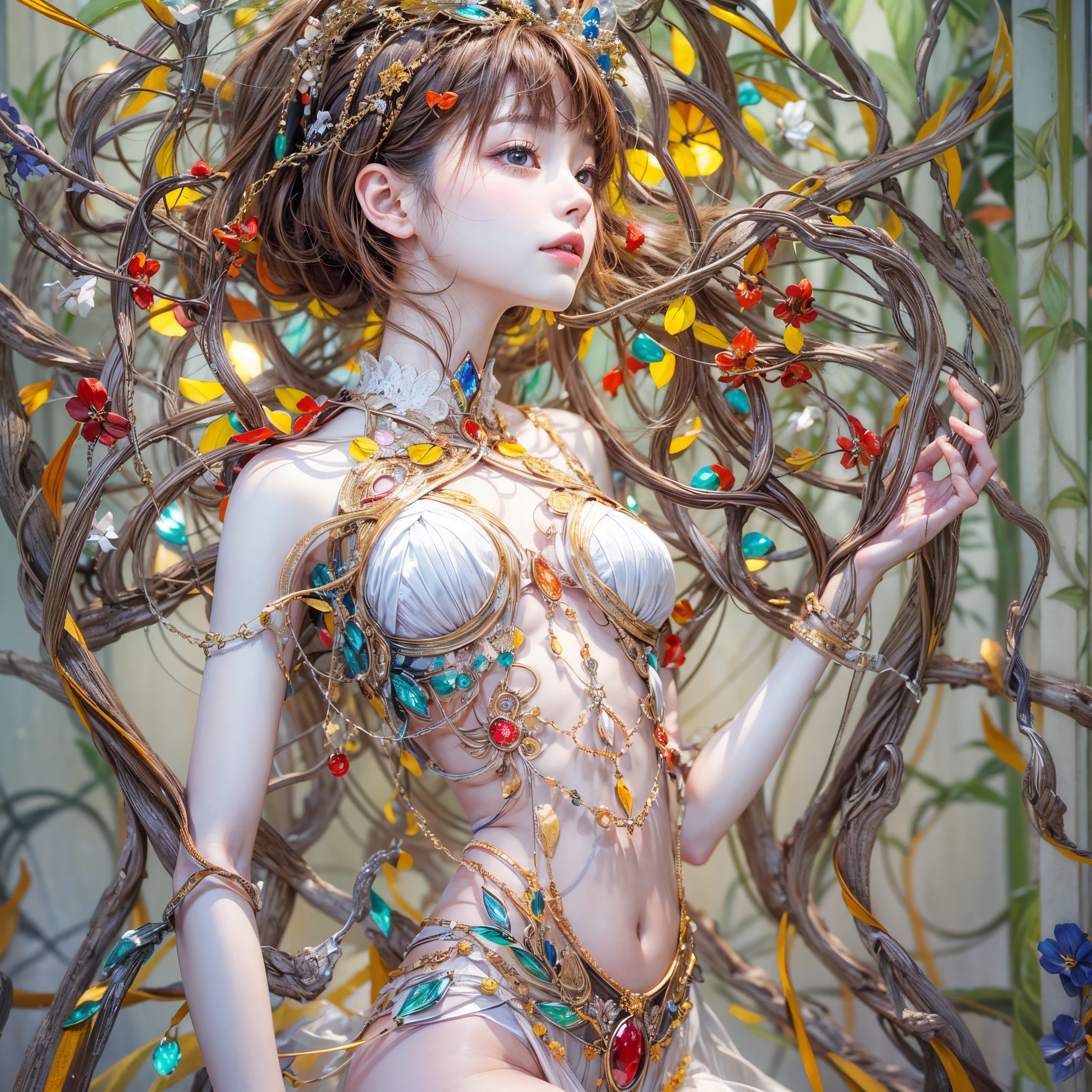 ( Masterpiece, White and vivid colors, (Exposed:1.2), (nipple:-0.9)(Acutance:0.9)), (((Renbutsu Misako|Misako Renbustu))), ((face variations)), { Navel | pretty Ass }, portrayed in the best quality and high resolution. The image should be ultra-detailed, realistic, and photorealistic with a touch of rawness. concept art. The color tone should be vibrant and vivid, enhancing the overall visual impact. (Whole Body proportions and all limbs are anatomically accurate), (Vivid Colorful light shines through the delicate stained glass). delicate limbs, Detail of sparkling oiled ivory skin, (short Bob, delicate wear), Whole Body proportions and all limbs are anatomically accurate .