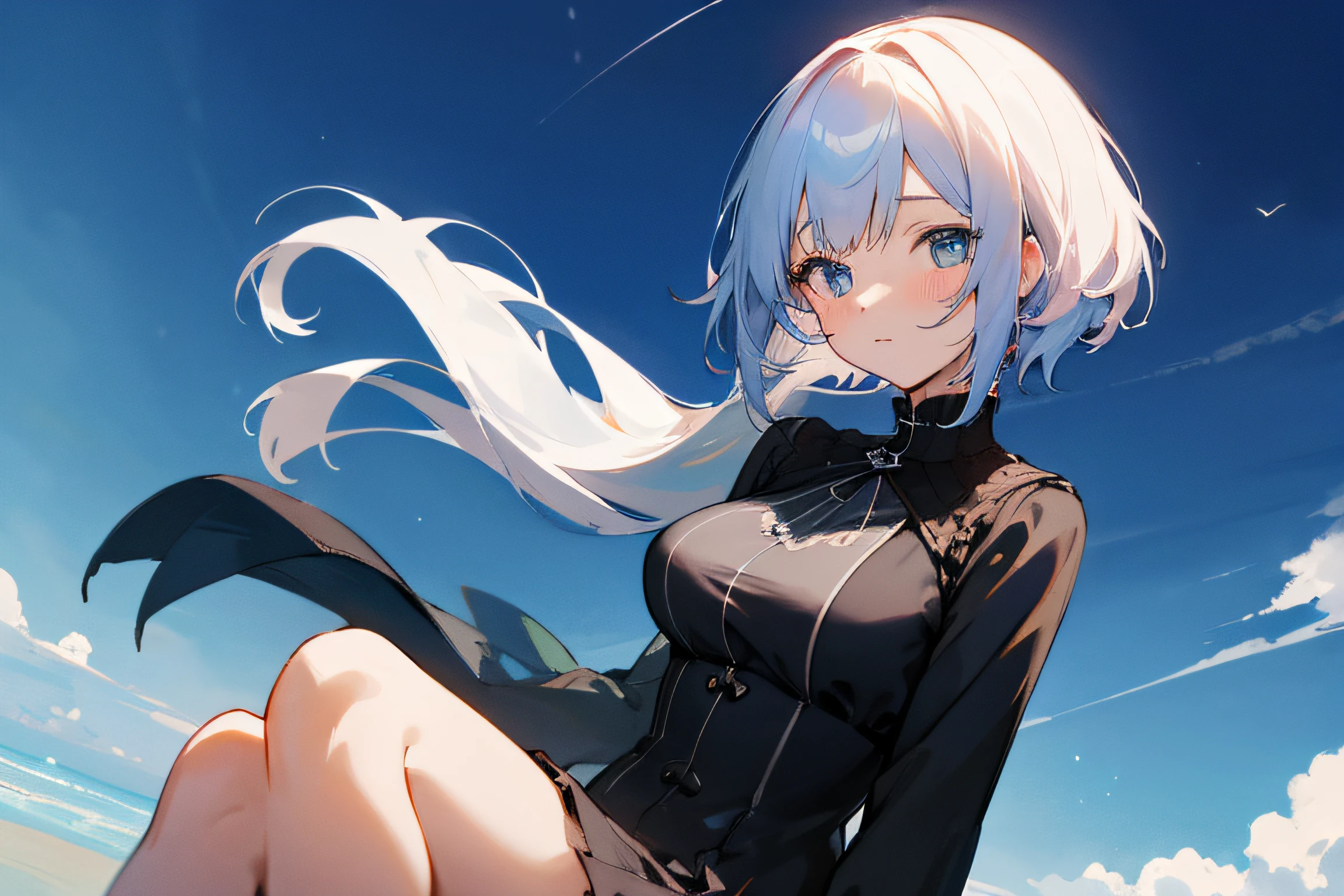((great quality)), (Detailliert), anime girls, 女の子1人, langes dunkles Haar, Pullover tragen, mid large breasts, in die Ferne schauen, vom Betrachter wegschauen, detailierte augen, auf einem Dach sitzen, hight resolution, ultrascharf, 8K, Meisterwerk, Ambiente, NULL, beautiful sky background, Ansicht von der Seite, Nacht