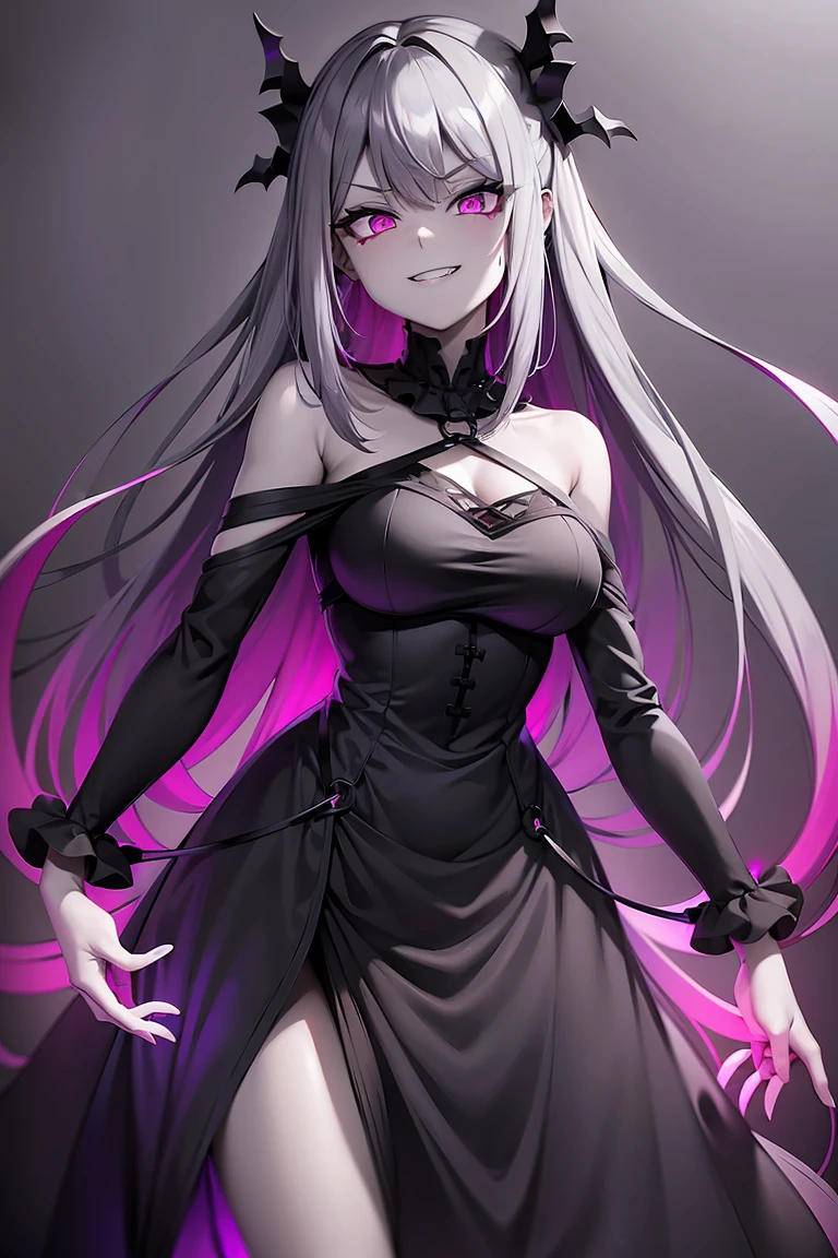 1 girl, wallpaper, whole picture, grey wall background, ruined wall background, asymmetric hair, grey hair, multicolored hair, long hair, psycho smile, evil_smile, dark purple eyes, view from the side, looking at viewer, long chain shackles, neon lights, grin, ruffled hair, black dress