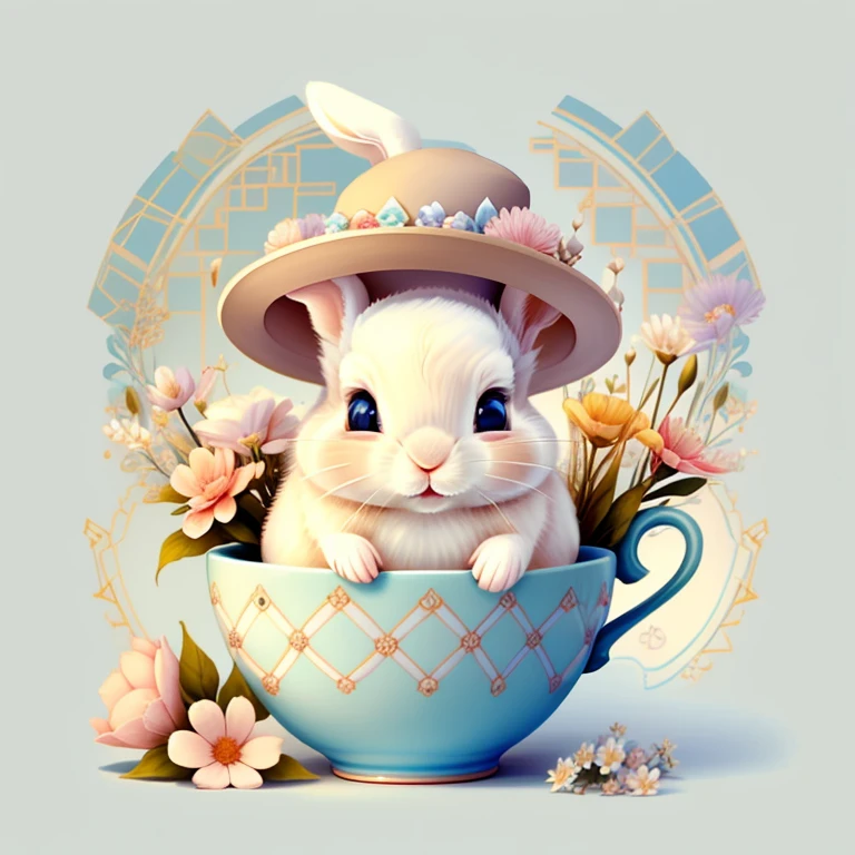 (cute baby rabbit smiling with a hat in a beautiful cup, flowers), Munchkin ,Geometric multidimensional wall portrait, livro de arte, Tchibi,
Yang08k, Beautiful, Colouring,
Obras, of the highest quality, best quality, Arte Oficial, Beautiful and Aesthetic,