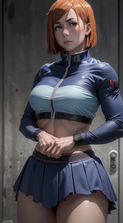(melhor qualidade:1.3), (Qualidade 4k), Nobara Kugisaki por jujutsu no kaisen, seios enormes, coxas grossas torneadas, ((Rosto detalhado)),((sorrir)), (()), (seios grandes), sexy, ((corte de cabelo )), ((tanga bikinky azul)), ((mostrando axilas))