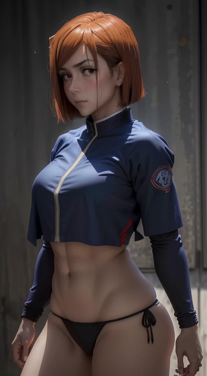 (melhor qualidade:1.3), (Qualidade 4k), Nobara Kugisaki por jujutsu no kaisen, seios enormes, coxas grossas torneadas, ((Rosto detalhado)),((sorrir)), (()), (seios grandes), sexy, ((corte de cabelo )), ((tanga bikinky azul)), ((mostrando axilas))