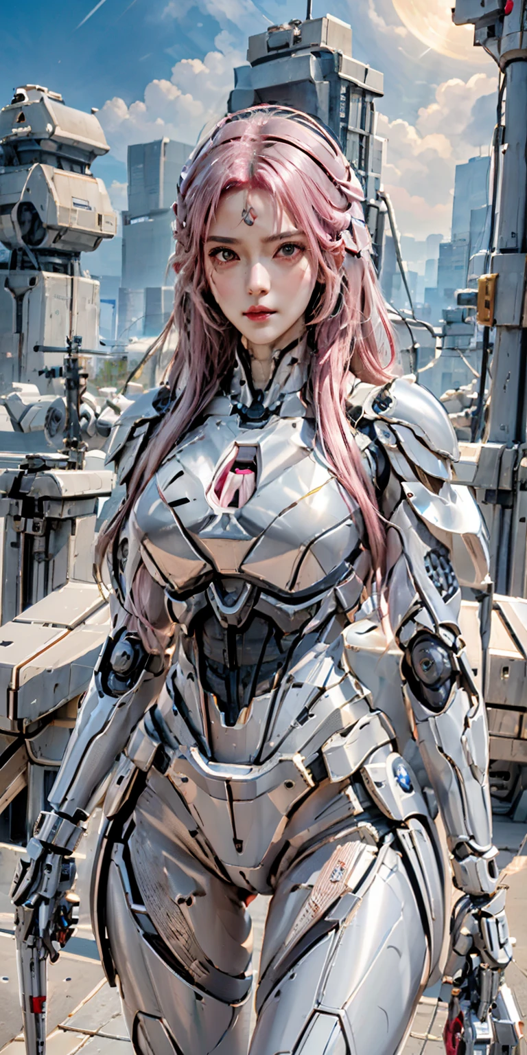 Photorealistic, High resolution, Soft light,1womanl, Solo, hips up high, (Detailed face), Pink hair, Long hair, mecha musume, Mechanical parts, Robot joints, Single mechanical arm, Headgear, Mechanical halo, Star Halo, Electromechanical bodysuit, mecha corset, Kimono, full armor, City at night