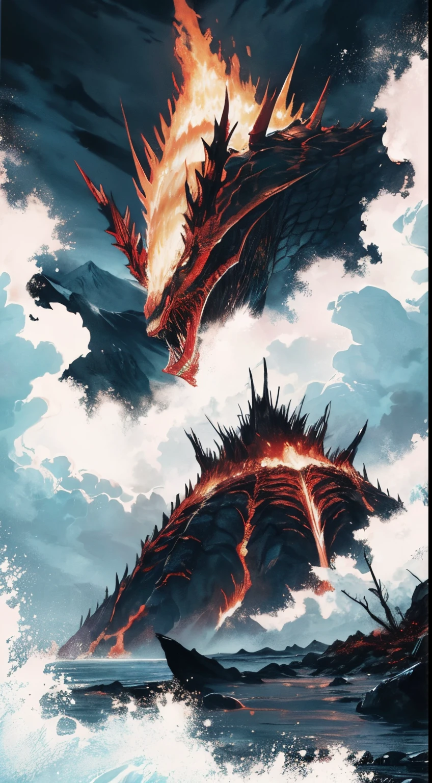 ((Best quality at best)), ((tmasterpiece)), (Detailed pubic hair), s the perfect face,When suddenly, a living mountain erupts from shores below! With scales dark as night and eyes burning crimson, it the dreaded Jörmungandr arisen from Midgard's oceans. Fearsome fangs bared, spewing venom, even the gods feel dread upon seeing such a titan."