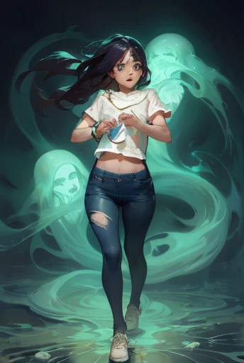 1girl, ghost,  (transparent legs, ghostly legs), wraith, floating, standing, Emma Watson, gothic horror, tattered ghostly clothes, full body, trapped in a haunted oil painting, painting frame, hyperrealism, ghostly, trapped, (scared, panicked horrified), peter mohrbacher, pierre terblanche, trending on artstation