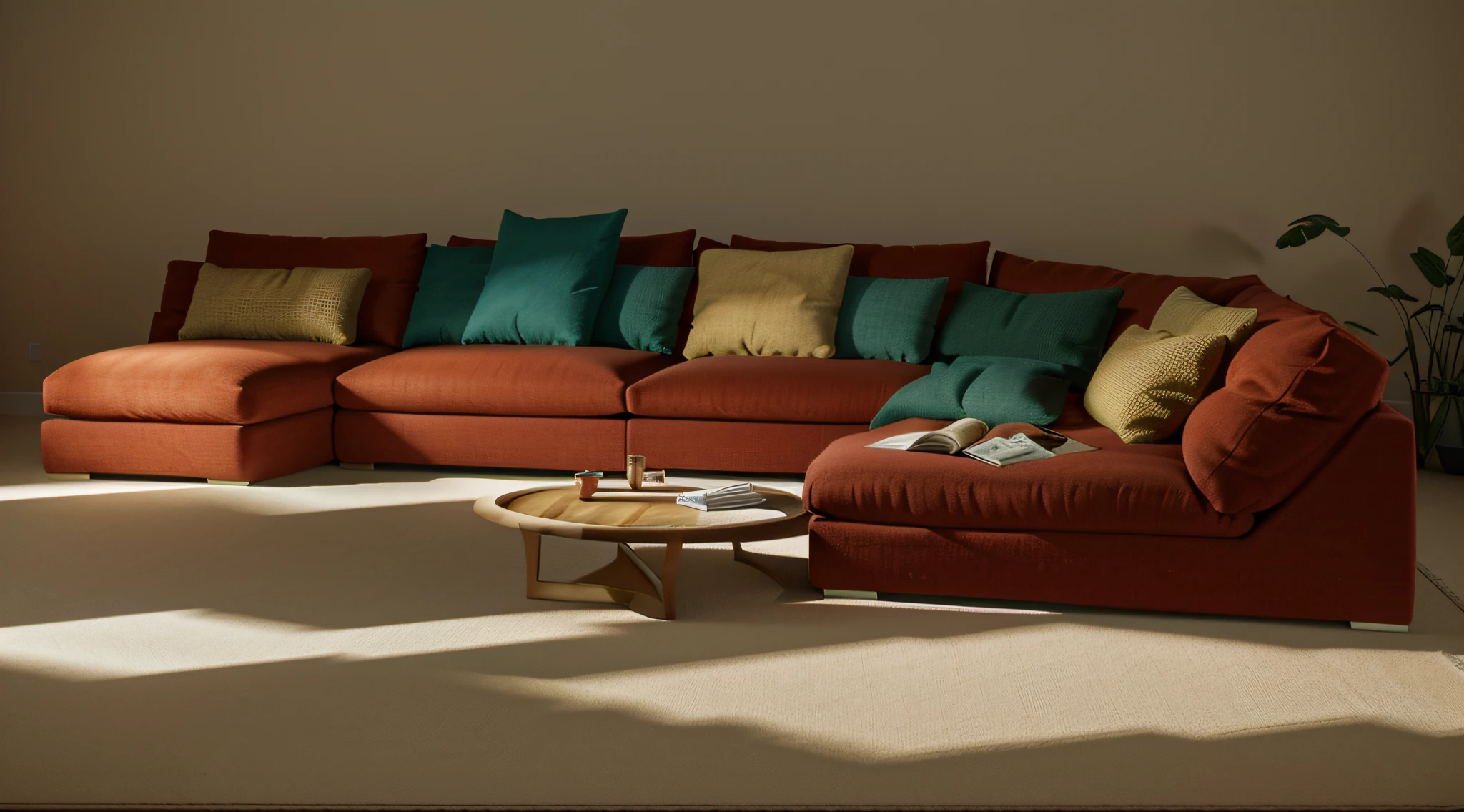 close-up of a sofa with pillows and blanket, Furniture in warm colors, Large sofa, soft. hiquality, couch, high quality details, Sofa, living room background, in style of ultra realistic, Living room furniture, Деталь 8 K, 8k detail, Furniture, high-quality render, cinematic still, mixed art, warm, cozy colors, soft mood