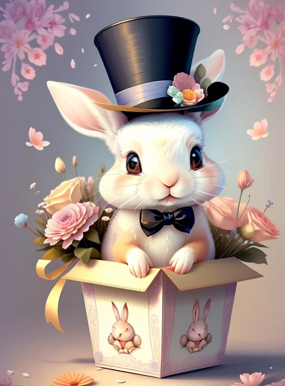 (cute baby rabbit smiling with a top hat in a beautiful box and flowers), Munchkin ,Geometric multidimensional wall portrait, livro de arte, Tchibi,
Yang08k, Beautiful, Colouring,
Obras, of the highest quality, best quality, Arte Oficial, Beautiful and Aesthetic,