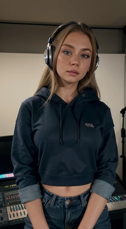 arafed woman fully, Mikayla Demaiter face with blue eyes, ultra realistic, meticulously detailed, portrait of Mikayla Demaiter, blonde hair and large eyes, without makeup, natural makeup, stunning full body shot in a music recording studio with a mixing console, subtle makeup, wearing jeans, wearing plain black hoody, wearing headphones, medium size bust