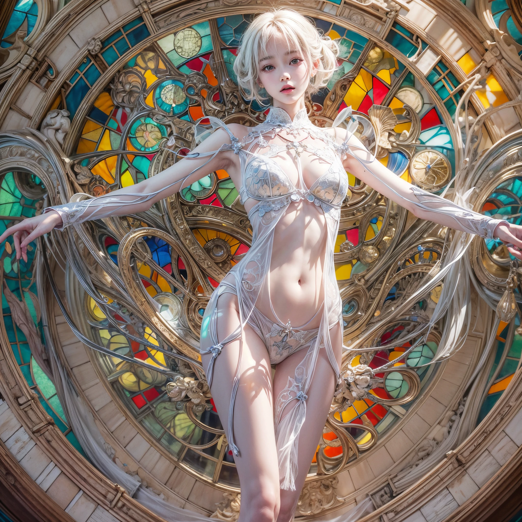 ( Masterpiece, White and vivid colors, (Exposed:1.2), (nipple:-0.9)(Acutance:0.9)), (((Renbutsu Misako|Misako Renbustu))), ((face variations)), { Navel | pretty Ass }, portrayed in the best quality and high resolution. The image should be ultra-detailed, realistic, and photorealistic with a touch of rawness. concept art. The color tone should be vibrant and vivid, enhancing the overall visual impact. (Whole Body proportions and all limbs are anatomically accurate), (Vivid Colorful light shines through the delicate stained glass). delicate limbs, Detail of sparkling oiled ivory skin, (short Bob, delicate wear), Whole Body proportions and all limbs are anatomically accurate .