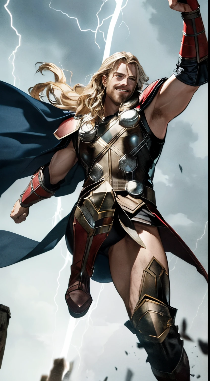 ((Best quality at best)), ((tmasterpiece)), (Detailed pubic hair), s the perfect face,"But not bold Thor! With a fearsome grin gripping Mjolnir, that most legendary of hammers, Thor calls down storms until lightning itself answers his command!"