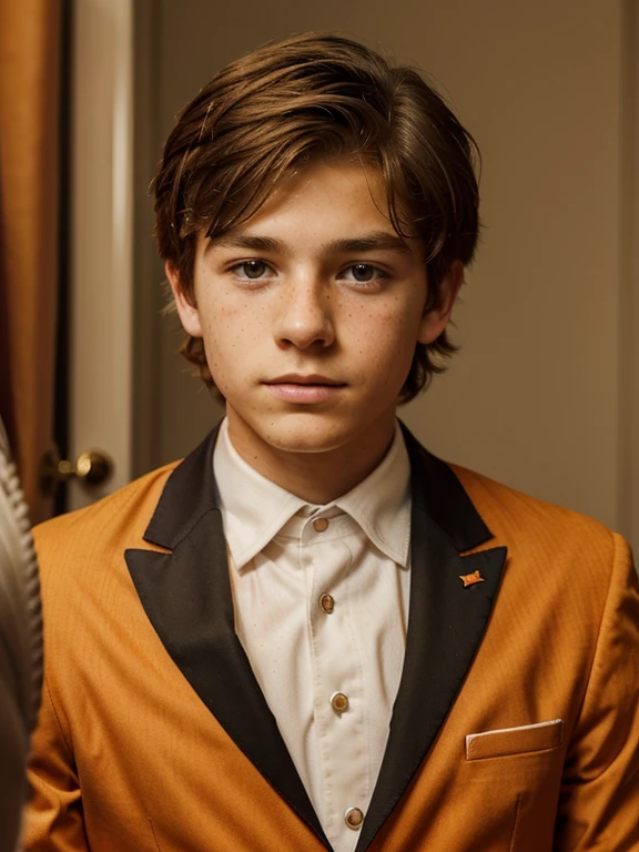 Young teen boy with dark blonde hair and freckles in an orange royal suit. He has a worried look on his face