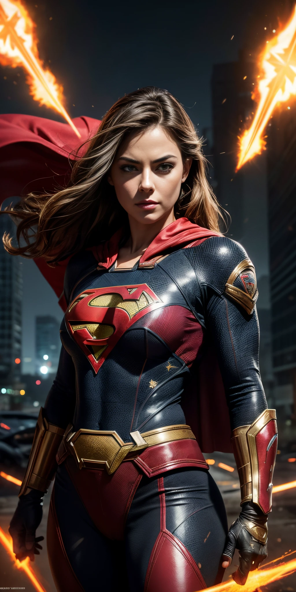 midshot, cel-shading style, centered image, ultra detailed illustration of Erica Durance, (tetradic colors), full body, inkpunk, ink lines, light particles, strong outlines, art by MSchiffer, bold traces, parted lips, Supergirl, pele brilhante, ((Detalhes super realistas))、red cape, portlate、global ilumination、sombra、Octane Representation、8k、ultrasharp、Luz de borda de caractere, Seios grandes, big booty、Raw skin is exposed on the neckline、Apocalyptic city in the background, Detalhes de ornamentos complexos、Transparent acrylic parts cover、Detailed hydraulic cylinders、small LED lamp、Detalhes muito intrincados、Luz realista、olhos radiantes、in front of camera、Neon details, mais alta qualidade、obra prima、超A high resolution、(fotorrealista:1.4)、Foto RAW