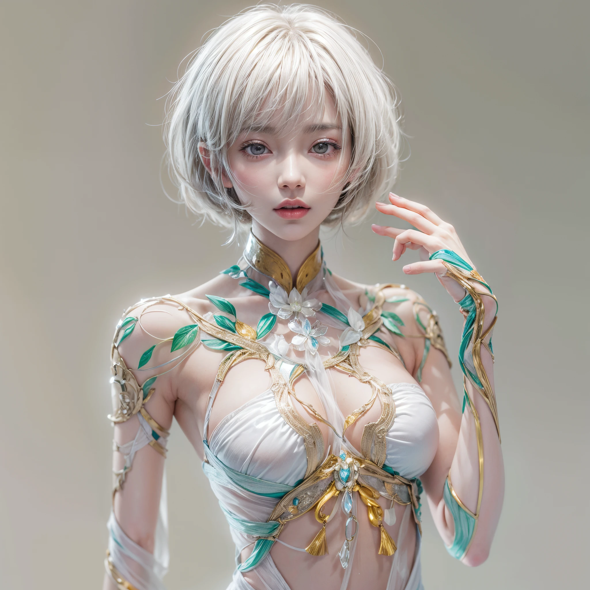( Masterpiece, White and vivid colors, (Exposed:1.2), (nipple:-0.9)(Acutance:0.9)), (((Renbutsu Misako|Misako Renbustu))), ((face variations)), { Navel | pretty Ass }, portrayed in the best quality and high resolution. The image should be ultra-detailed, realistic, and photorealistic with a touch of rawness. concept art. The color tone should be vibrant and vivid, enhancing the overall visual impact. (Whole Body proportions and all limbs are anatomically accurate), (Vivid Colorful light shines through the delicate stained glass). delicate limbs, Detail of sparkling oiled ivory skin, (short Bob, delicate wear), Whole Body proportions and all limbs are anatomically accurate .