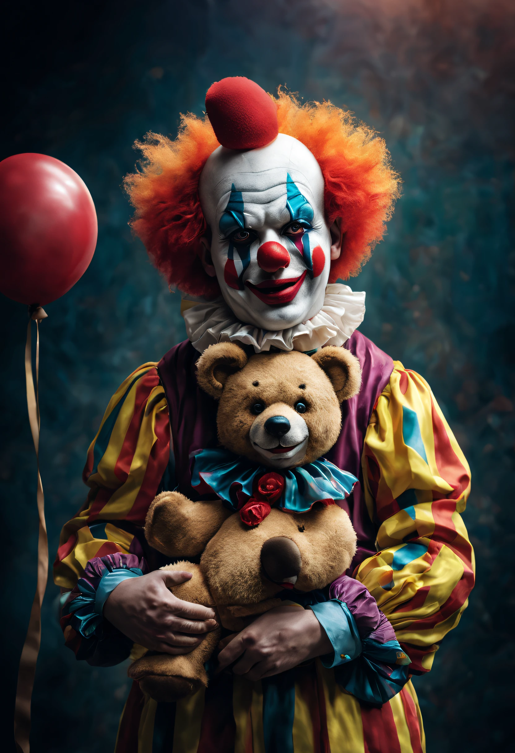 a clown with a teddy bear in his hands, estilo circo louco, realismo, com muitas cores brilhantes e muito contraste, alta qualidade, 8k