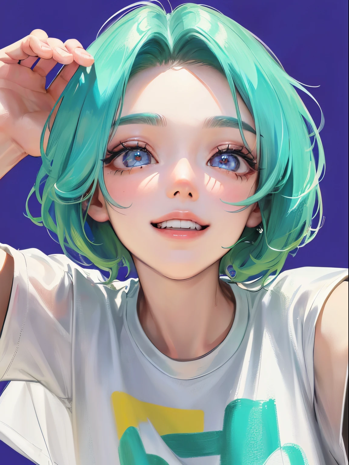 (((1人の女性)))、(Top resolution、Distinct_image) best qualtiy、(((Pop)))、1990's、((colorful backdrop))、((illuminating))、ighly detailed、Semi-realistic、Mint green hair、((hairstyle I made、A smile、bangss、20yr old、年轻、((tshirts))、delicate facial features facial features、View from below、((Detailed eyes))