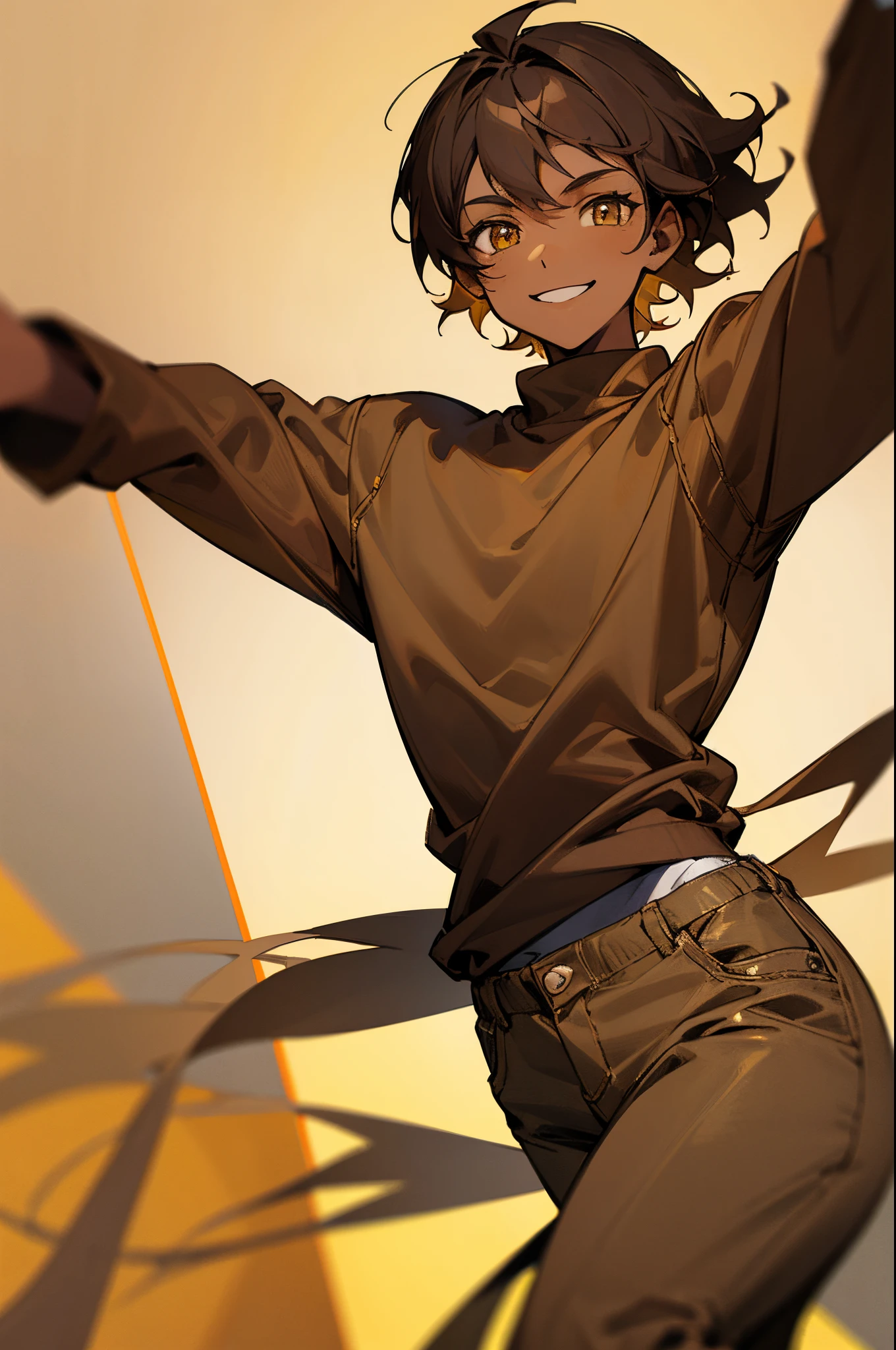 black skin colored, yellow eyed, brown haired, skinny, smile, man, brown sweatshirt, grey pants