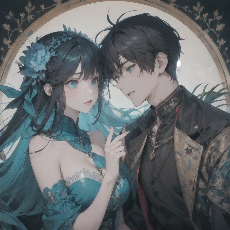 Couple, 1female, 1male, 1male teal eyes, 1male brown, 1male, messy hair, 1female blue eyes, 1female long black hair, 1female bangs, fantasy, 1male caring, 1male handsome, human, medieval, vibrant colors