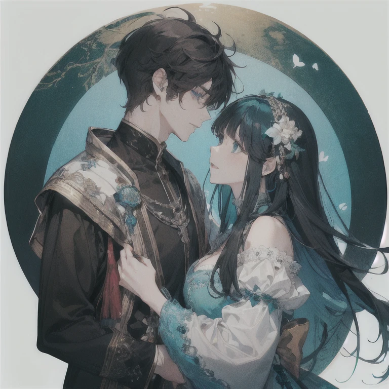 Couple, 1female, 1male, 1male teal eyes, 1male brown, 1male, messy hair, 1female blue eyes, 1female long black hair, 1female bangs, fantasy, 1male caring, 1male handsome, human, medieval, vibrant colors