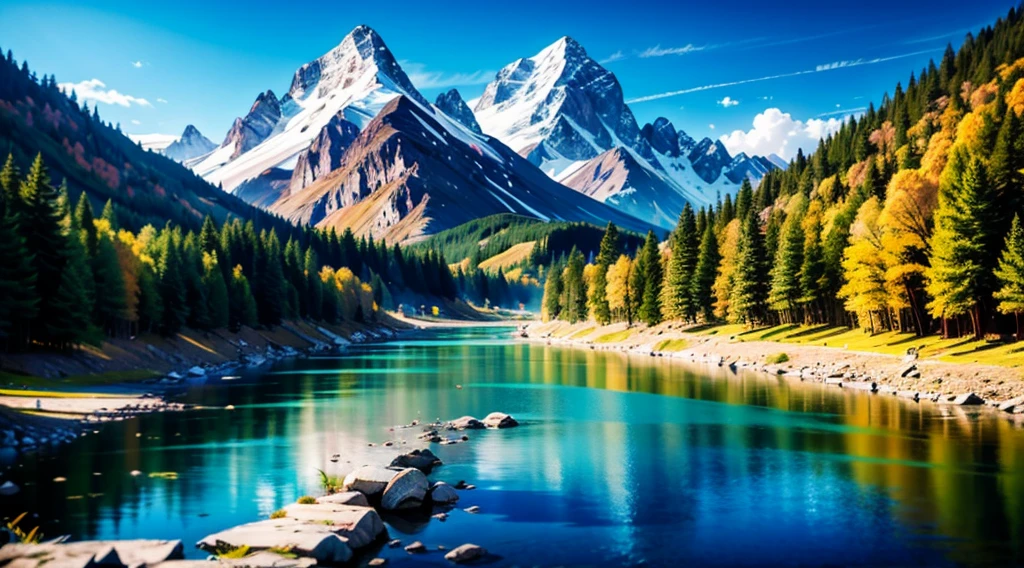 A big mountain with a beautiful river, pinup, postcard, postal landscape, Ultra-Wide Angle, f/16, 135mm, Nikon, super detail, high quality, award winning, highres, 8k, UHD