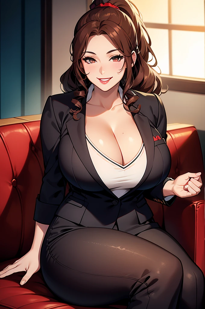 Lucy Pinder, portrait, face portrait, smiling, (cruel grin:1.3),voluptuous, red lips, cleavage, curly hair, brown hair, ponytail, white t-shirt, black blazer, black formal pants, chubby woman, sitting