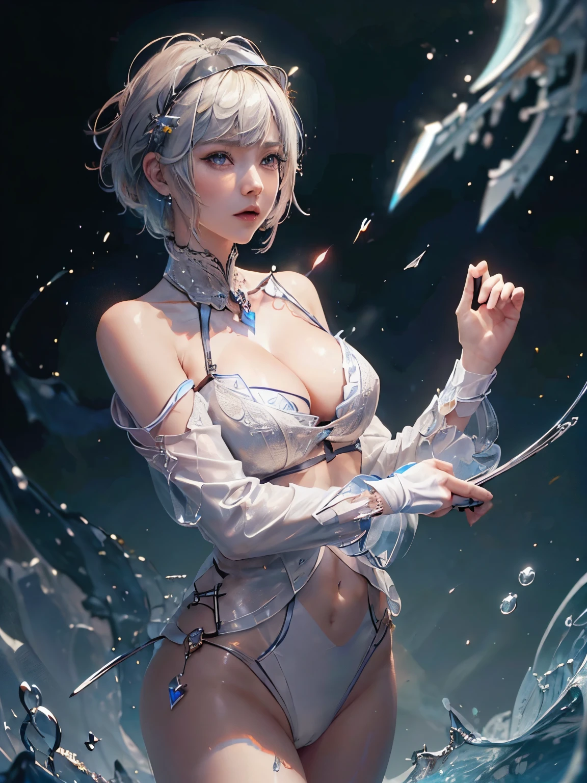 (( (tmasterpiece),(Very detailed CG Unity 8K wallpaper),(bustshot:1.5), best qualtiy,cinmatic lighting,Photorealsitic, 细致背景,Beautifully detailed right pupil,(Very fine and beautiful),(Beautiful and detailed eyes description),ultra - detailed,tmasterpiece,hight resolution)), Richly decorated armor, a beautiful woman warrior, Shorthair, Platinum Blonde Hair, cleavage of the breast, (Perfect Anatomy:1.2)