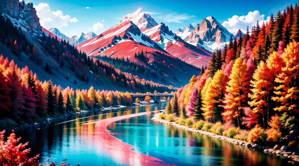 A big mountain with a beautiful river, pink trees, red leaf, pinup, postcard, postal landscape, Ultra-Wide Angle, f/16, 135mm, Nikon, super detail, high quality, award winning, highres, 8k, UHD