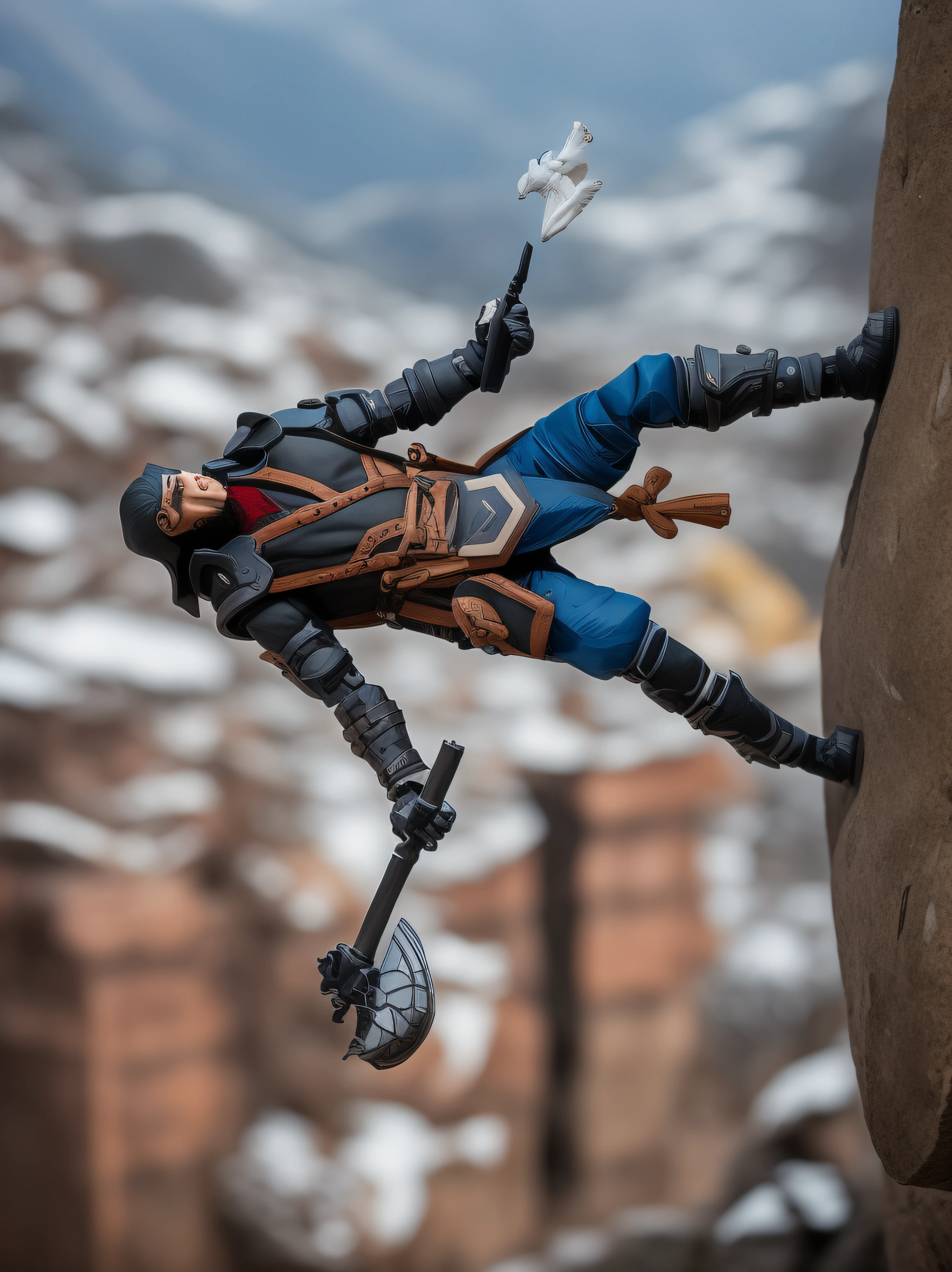 there is a toy figure of a man, Ninja, painted action figure, pvc posable figure, epic action pose, posando para uma luta intrincada, imagem backveiw de elfo ladinos, Estatueta de PVC, ( figura altamente detalhada ), Figura completa, pvc poseable, dramatic action pose, Subzero, insane action pose, Pose de combate, Imagem na vertical, gelo, frio, Scenery with snow.