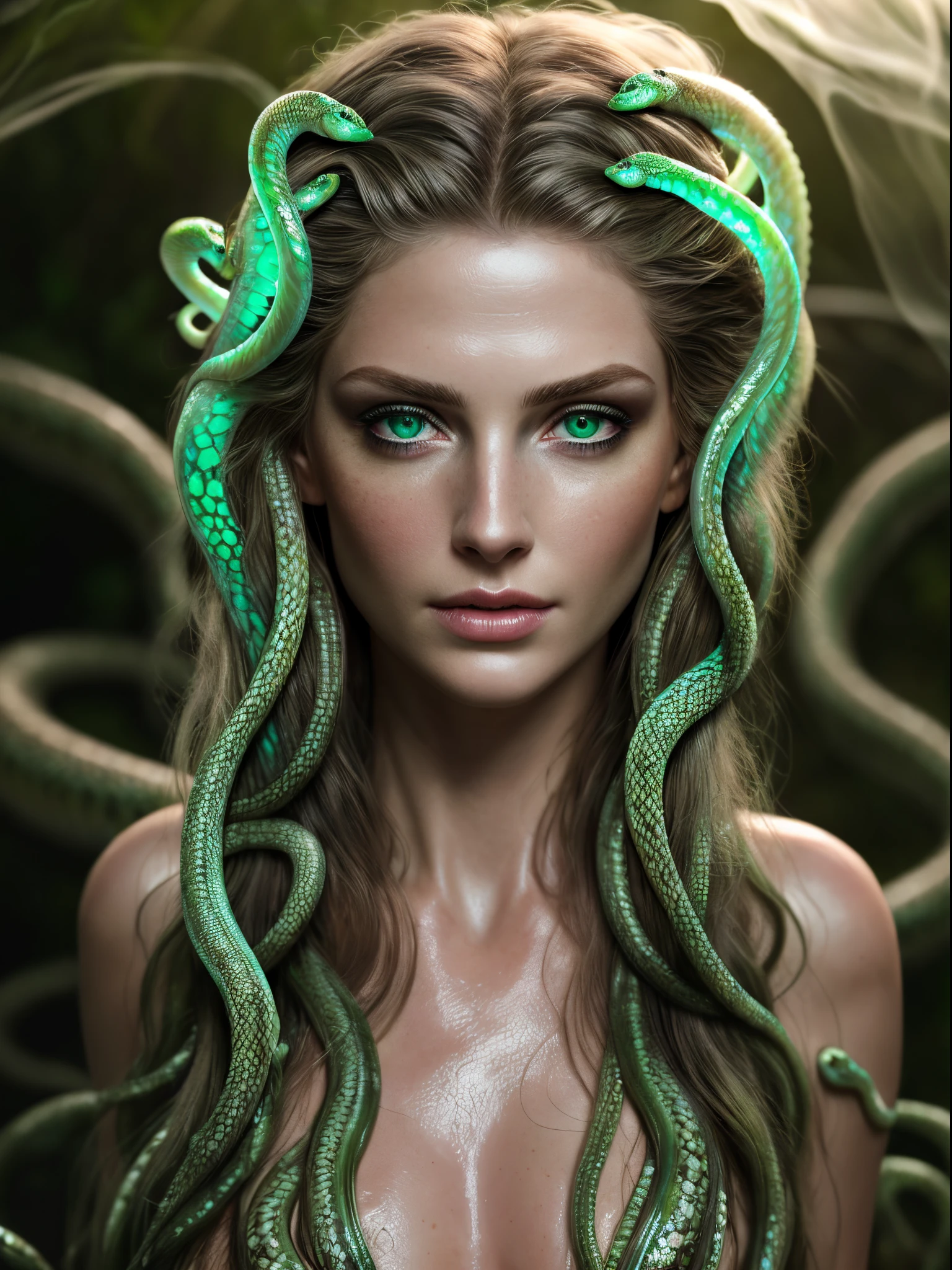 (Realistic:1.5), Photorealistic, RAW photo, Analog Photography Style, Depth of field, ultra-detailed photo of Jellyfish, (hairsh, consisting of countless snakes), Detailed green eyes, dark makeup, gorgeous woman&#39;s face, detailed photorealistic feces, goddess aura, Artstation, bioluminescense, natural shadows, warm filter, cinematiclight, Professional photography, Canon F1 lens.4, 16k