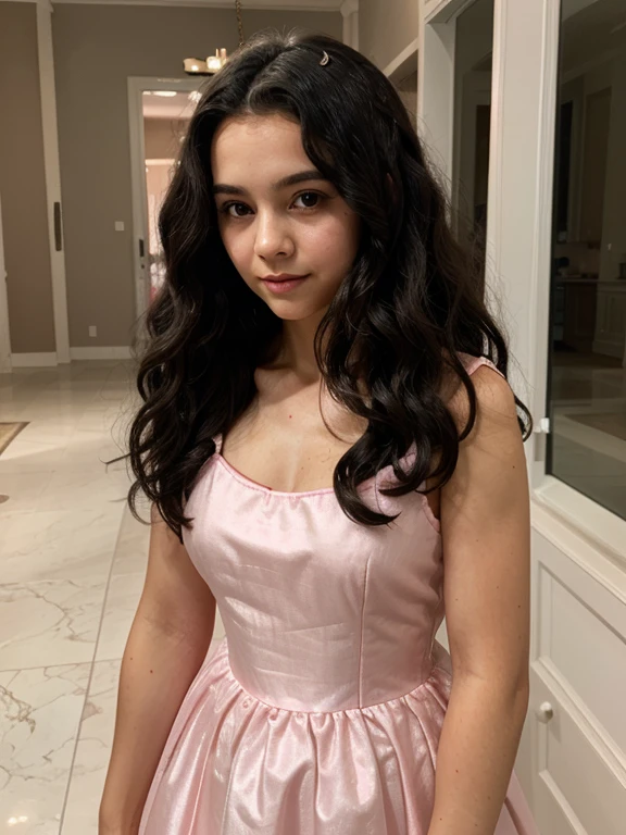 A 5 year old girl with long hair wearing a stylish white velvet dress with gorgeous details she is on a red carpet at a beautiful paparazzi party taking her picture