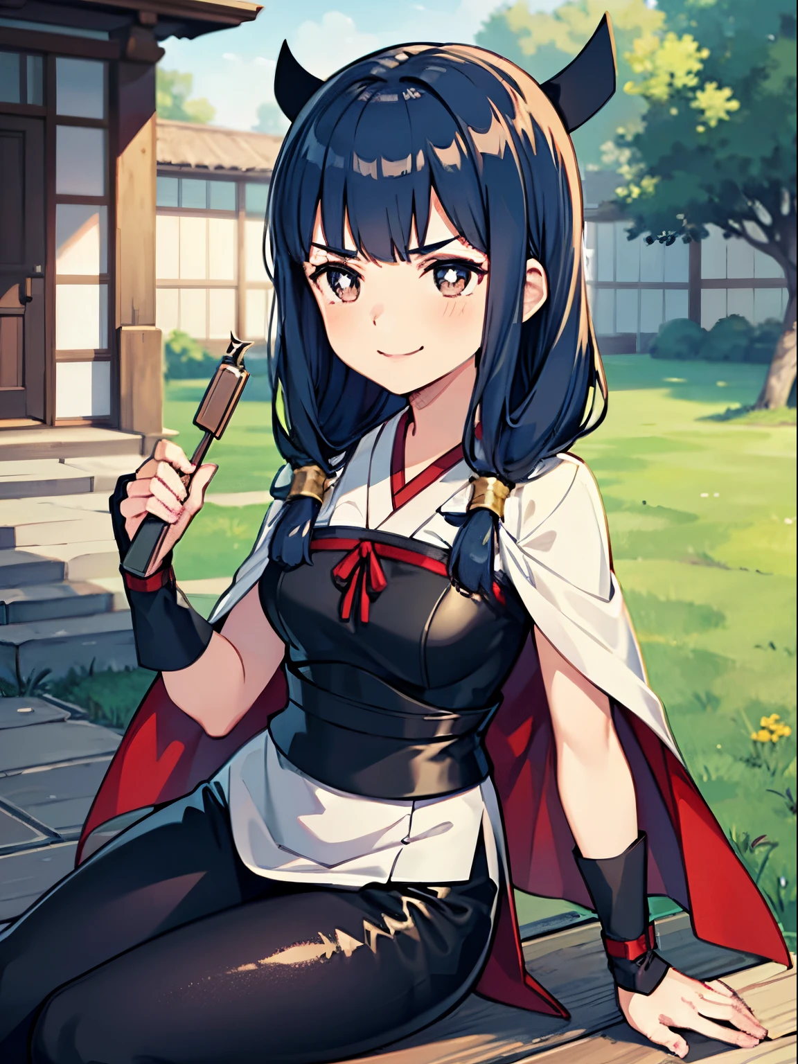 mitama, star-shaped pupils, hair ornament, dark blue hair, leggings, feather cape,black clothes, short sleeves, smug smile, outdoors, bracers, sitting, dark clothes, black shirt