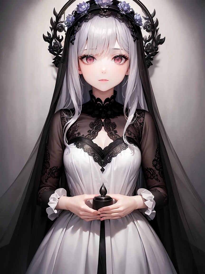 Black and white-silver tones、Hell、purgatory、Mozart's Requiem、Mystical、horor、gotik、darkness、karo、badas、epidemic、ruler、Pitch Black Darkness、hopelessness、lamentation、oppression、nothingness、intense cold、Black Ghost、Adult female mature woman in her 40s、Queen of the Dead、Persephone、hades、awe、immortal、draconian、Awe-inspiring Hall々、Proud、noble、dignity、solemnity、Bewitching、hatred、Gorgeous dresses、jewely、ruthless、greed、3-point live method、Oil Painting、Best Quality、hight resolution、foco nítido、Portrait of Queen D，Highly detailed footage of the Queen of the Dead，Stunning portrait of the Queen of the Exparted，Portrait of the Queen of the Dead，Full body close-up of the Queen of the Dead