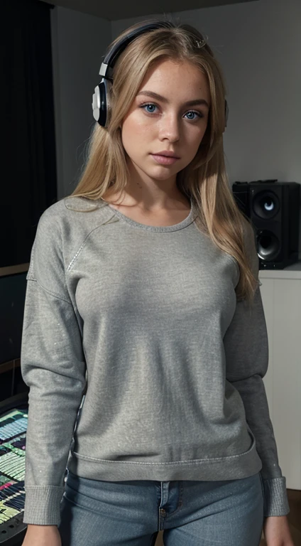 arafed woman fully, Mikayla Demaiter face with blue eyes, ultra realistic, meticulously detailed, portrait of Mikayla Demaiter, blonde hair and large eyes, without makeup, natural makeup, stunning full body shot in a music recording studio with a mixing console, subtle makeup, wearing jeans, wearing plain grey jumper, wearing black headphones, medium size bust