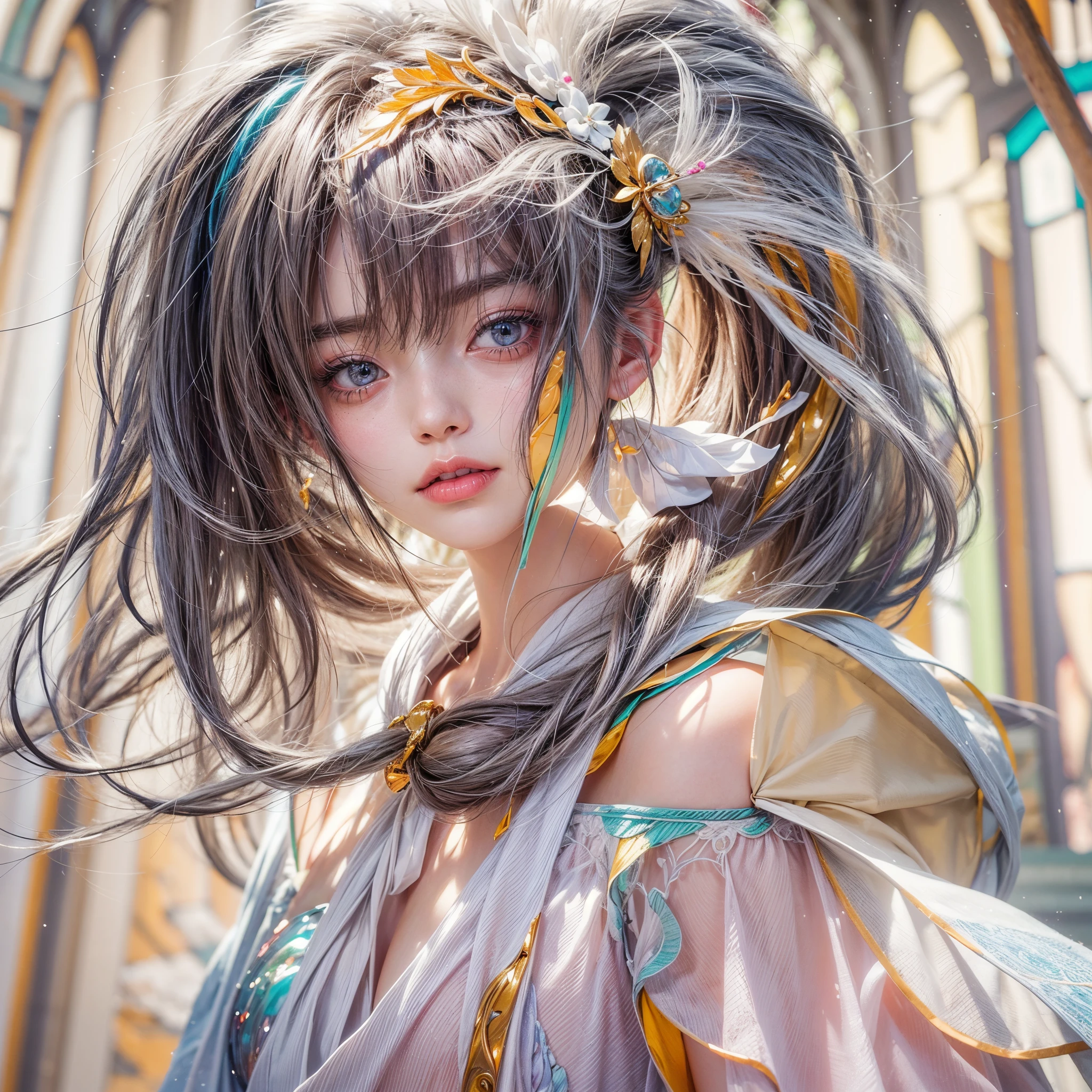 ( Masterpiece, White and vivid colors, (Exposed:1.2), (nipple:-0.9)(Acutance:0.9)), (((Renbutsu Misako|Misako Renbustu))), ((face variations)), { Navel | pretty Ass }, portrayed in the best quality and high resolution. The image should be ultra-detailed, realistic, and photorealistic with a touch of rawness. concept art. The color tone should be vibrant and vivid, enhancing the overall visual impact. (Whole Body proportions and all limbs are anatomically accurate), (Vivid Colorful light shines through the delicate stained glass). delicate limbs, Detail of sparkling oiled ivory skin, (short Bob, delicate wear), Whole Body proportions and all limbs are anatomically accurate .
