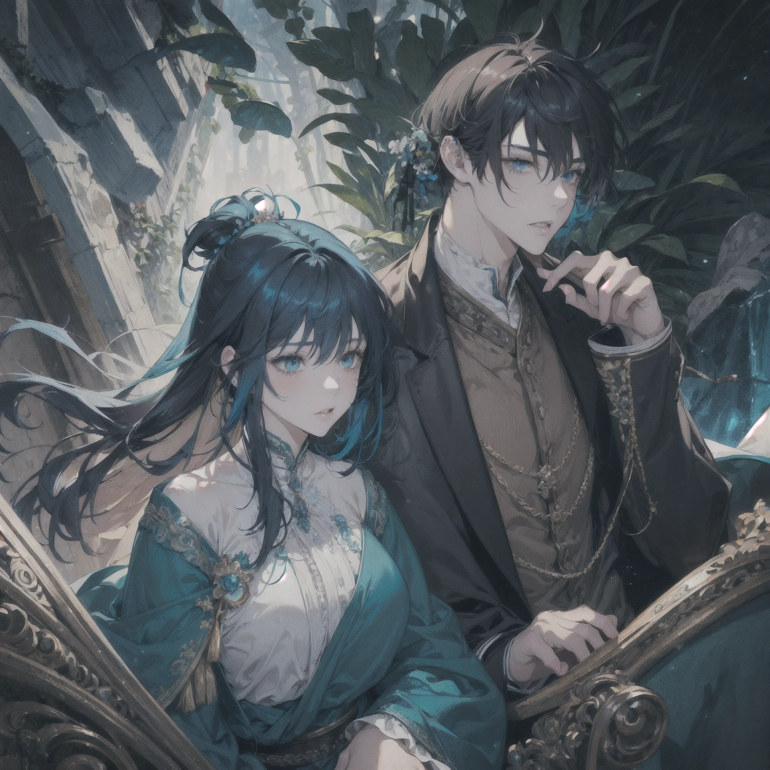 Couple, 1female, 1male, 1male teal eyes, 1male brown, 1male, messy hair, 1female blue eyes, 1female long black hair, 1female bangs, fantasy, 1male caring, 1male handsome, human, medieval, vibrant colors