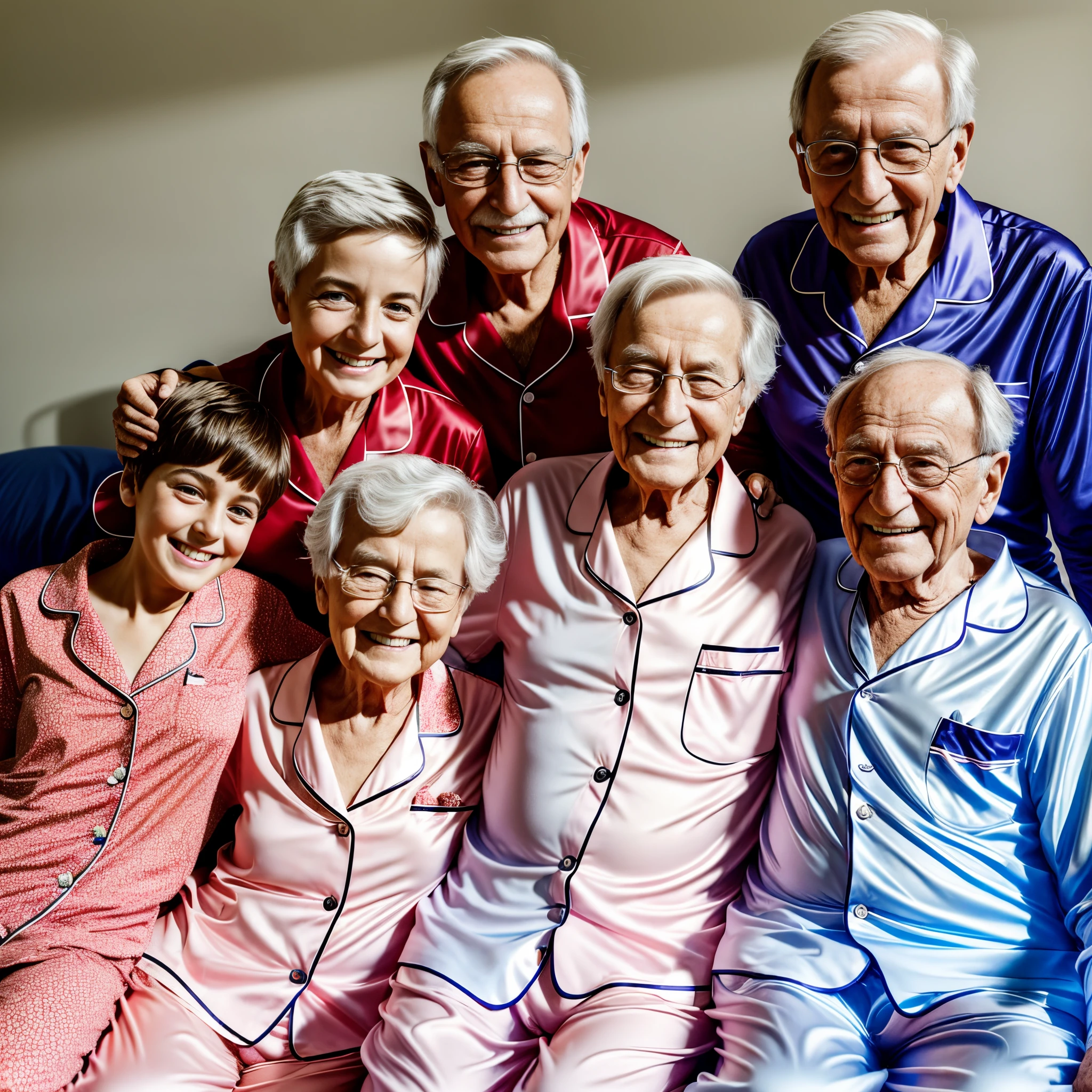 sex friend,Group shot of 85-year-old male politician and short hair 13-year-old flat chest girl,smile shyly,pyjamas,having Group sex,Real light,On the bed