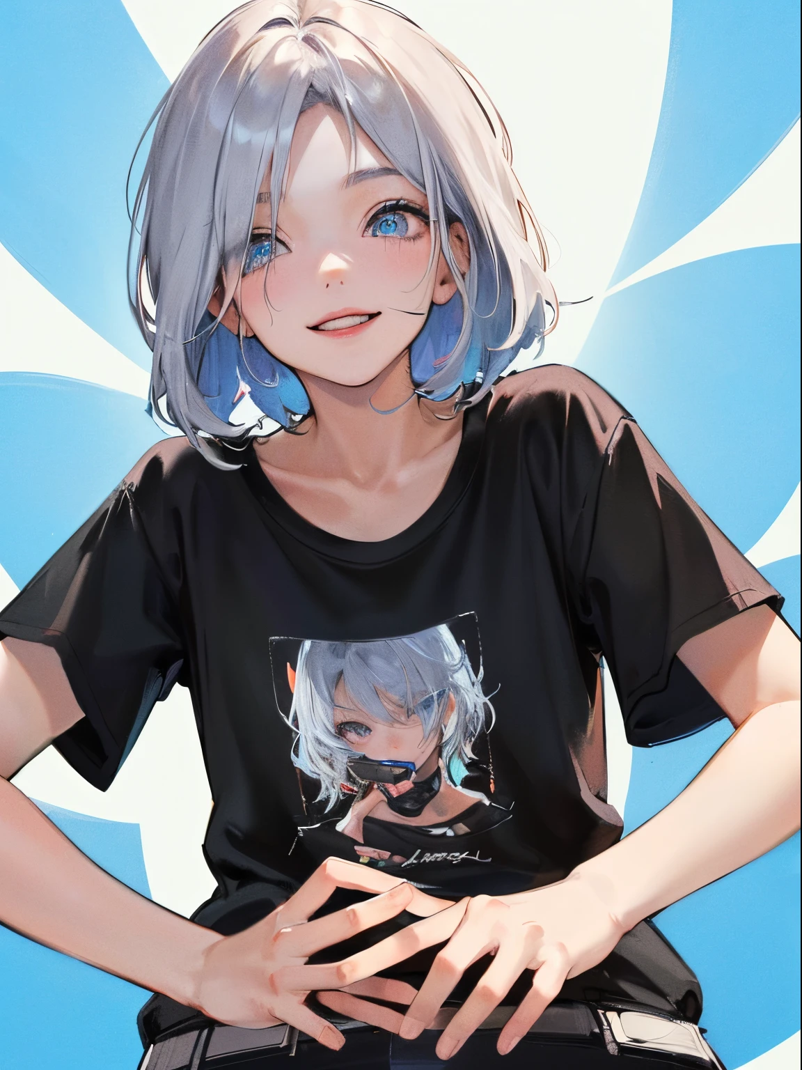 (((1人の女性)))、(Top resolution、Distinct_image) best qualtiy、(((Pop)))、1990's、((colorful backdrop))、((illuminating))、ighly detailed、Semi-realistic、Silvery hair、((hairstyle I made、A smile、bangss、20yr old、年轻、((tshirts))、delicate facial features facial features、View from below、((Detailed eyes))