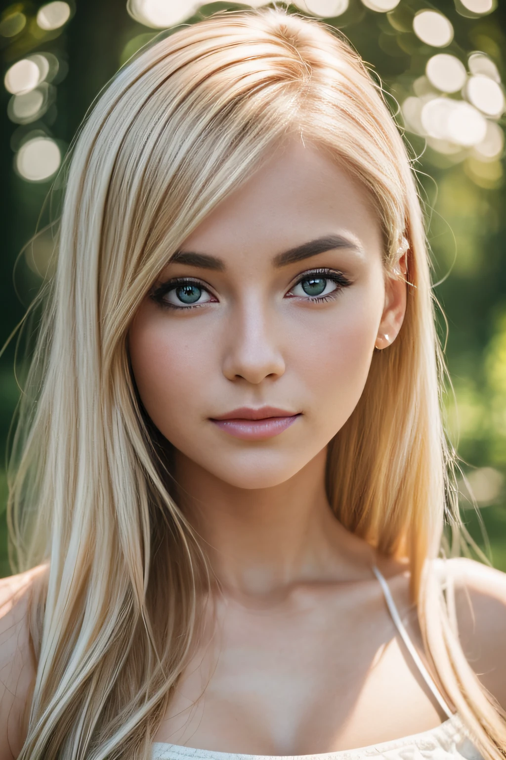 Realistic photo of a beautiful woman with a round face and high cheekbones, she has a cute button nose and small jaw, with large beautiful pale eyes, she has dark brows and white blonde hair, she has a compact strong body with beautiful legasterpiece), (photorealistic:1.4), RAW photo, best quality, high res, rich colors, backlight, bright sunlight, cinematic lighting, film grain, raw photo, 50mm lens, Nikon D850, warm colors