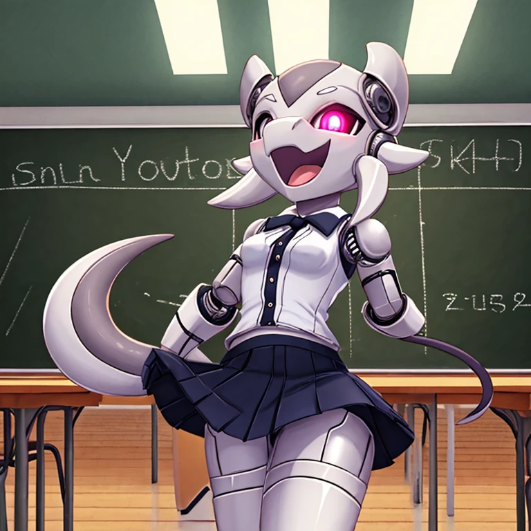 solo, female, schoolgirl uniform, upskirt flashing panties , small breasts, thin body, young, teen, eighteen, kobold, black white, glowing eyes, robotic, metallic, android, metal body, legs spread, standing, legs spread, horny face, panting, high quality, masterpiece, curved thighs, shiny with tail, in classroom