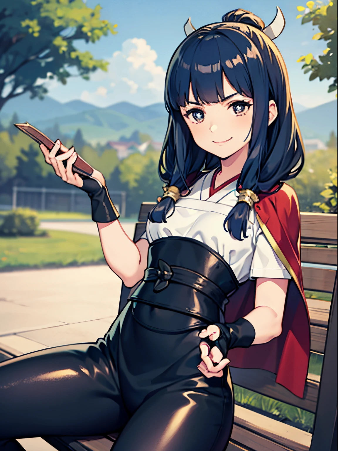 mitama, star-shaped pupils, hair ornament, dark blue hair, leggings, feather cape,black clothes, short sleeves, smug smile, outdoors, bracers, sitting, dark clothes, black shirt, spread legs, sitting