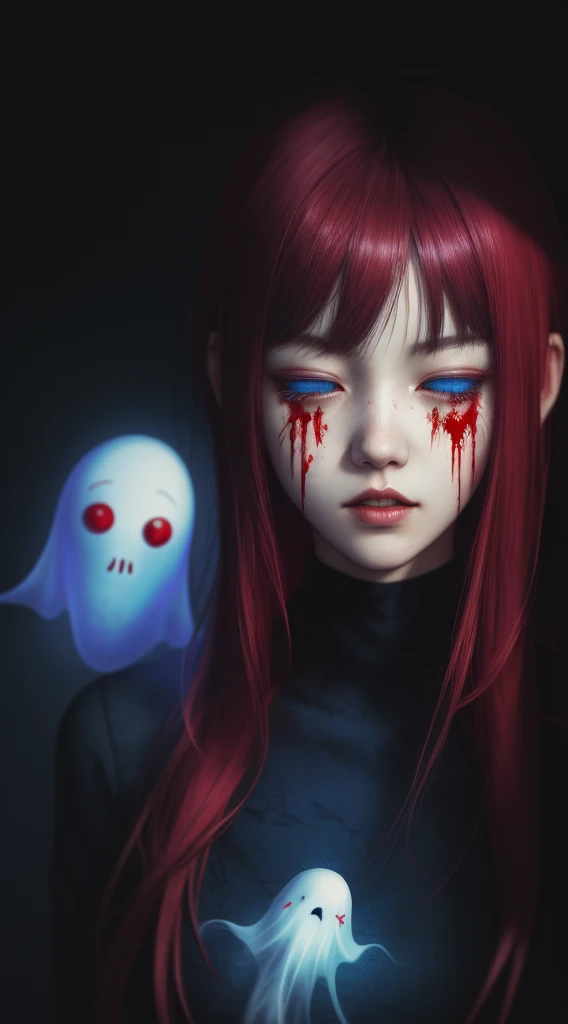 (masterpiece, best quality:1.2), cover image, splashed color background, highly detailed, colorful black, 1 girl, long silver hair, red eyes, blood on eye, head in the hand, short hair, blunt bangs, mannequin, cool face, ((( blue clthes sexy ghost))), illustration, horror art, dread, creepy, blood, blood eyes, gore, opened mouth, blood in mouth,anime girl with closed eyes, Guweiz style artwork, Kawaii realistic portrait, Anime CG soft art, Detailed digital anime art, Beautiful anime portrait, Detailed portrait of Anime Girl, Anime realism style, Anime art digital, Realistic anime art style, Guweiz on Artstation Pixiv, Anime Girl Portrait, Guweiz, blonde, blonde hair, blood drops on face , napper