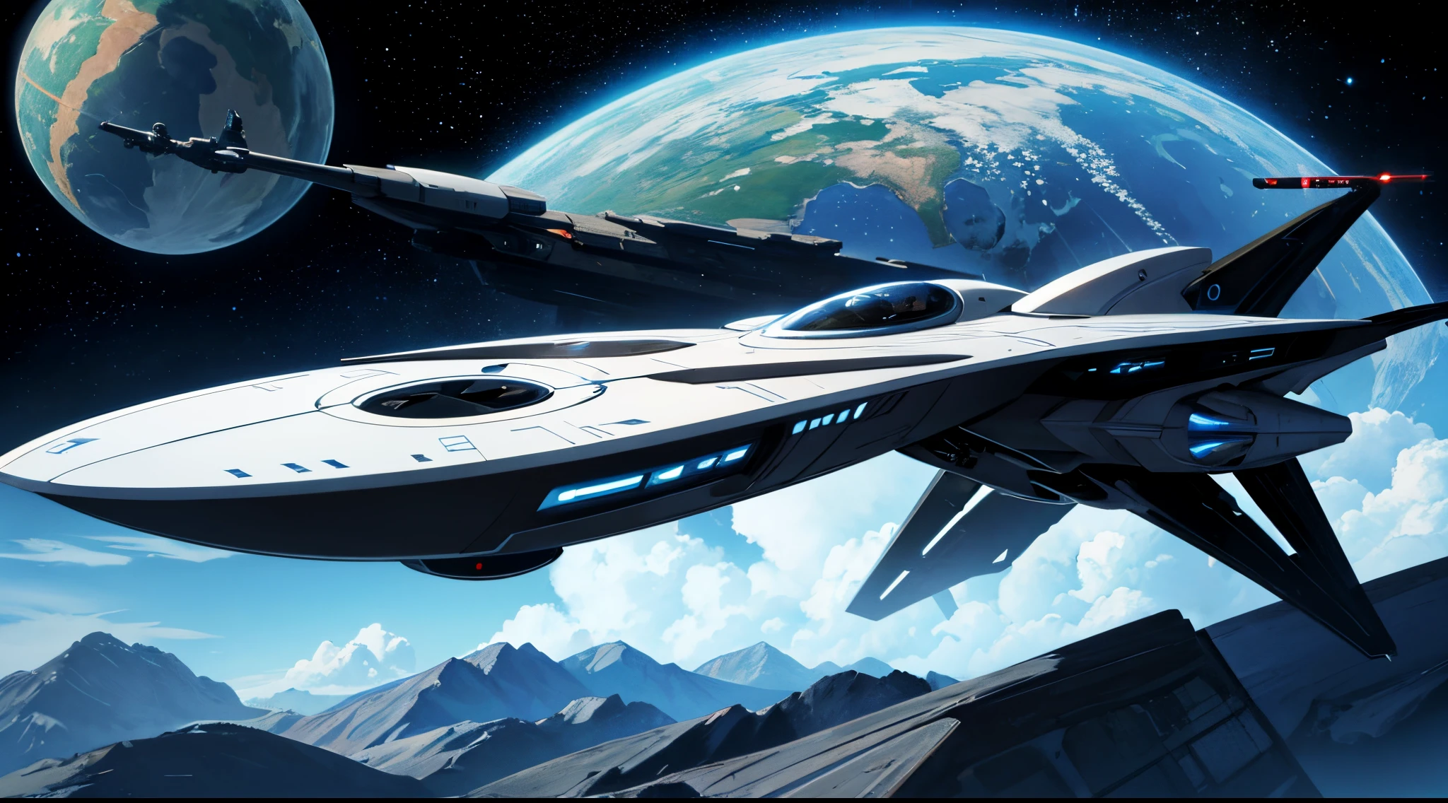 spaceship in foreground in the style of Star Wars, Star Trek, futuristic, sleek, stylish, fast, sexy, spaceship is flying in space far off in the background is a planet, high definition, high detail, 16k, masterpiece, award winning.