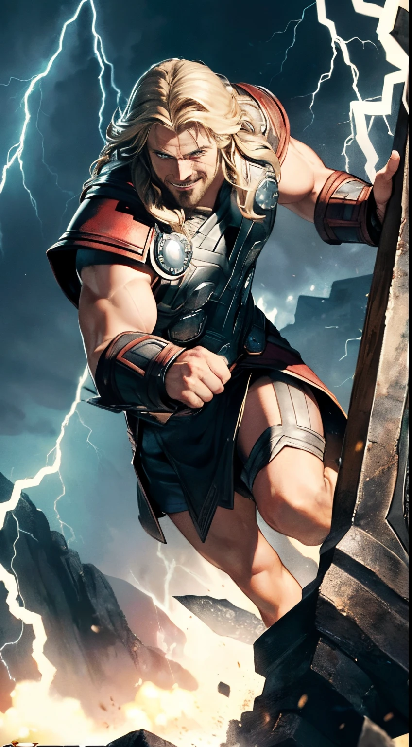 ((Best quality at best)), ((tmasterpiece)), (Detailed pubic hair), s the perfect face,"But not bold Thor! With a fearsome grin gripping Mjolnir, that most legendary of hammers, Thor calls down storms until lightning itself answers his command!"