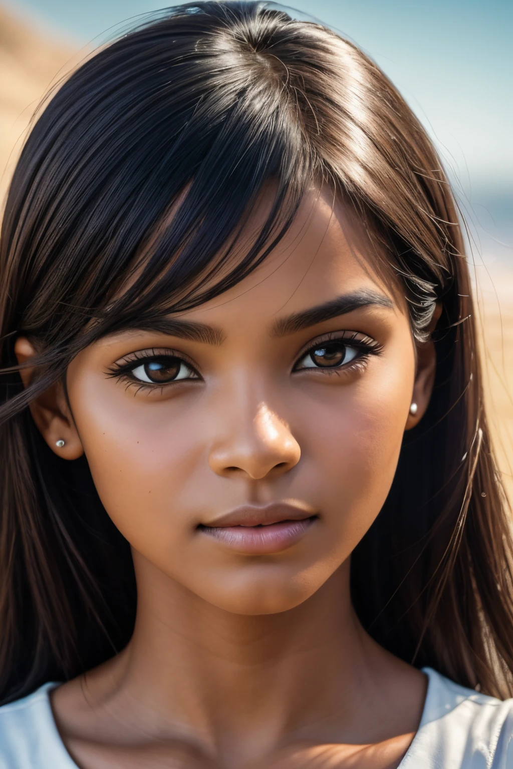 Realistic photo of a beautiful dark-skinned woman with a round face and high cheekbones, She has a cute button nose and small jaw., with large, beautiful pale eyes, Tiene cejas oscuras y cabello negro largo, Ella tiene un cuerpo compacto y fuerte con una hermosa pieza de legaster.), (fotorrealista:1.4), Foto RAW, La mejor calidad, high resolusion, colores ricos, Luz de fondo, luz solar brillante, cinematic lighting, Film grain, Foto RAW, Lente de 50 mm, Nikon D850, warm colours