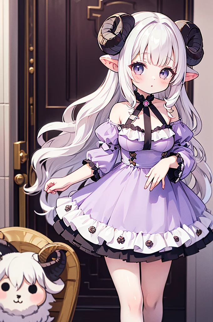 anime, girl, cute, big wavy hair, platinum hair, medium breasts, gray eyes, lilac fluffy dress, lolita dress, (ram's horns: 1.3), sheep's ears,