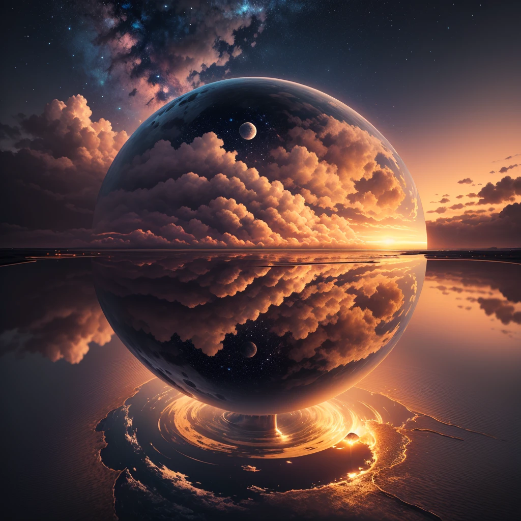 planete saturne , ocean d'eau , espace , voie lacté , bien détailler , nuit , planète terre , soleil , étoiles , sunset , 4K , moon , ultra réaliste , couleur vive , beaucoup de detail , nuages