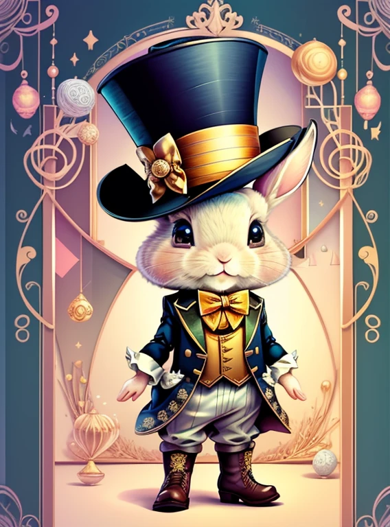 (cute baby rabbit smiling with a jacket, top hat and boots), Munchkin,Geometric multidimensional wall portrait, livro de arte, Tchibi,
Yang08k, Beautiful, Colouring,
Obras, of the highest quality, best quality, Arte Oficial, Beautiful and Aesthetic,